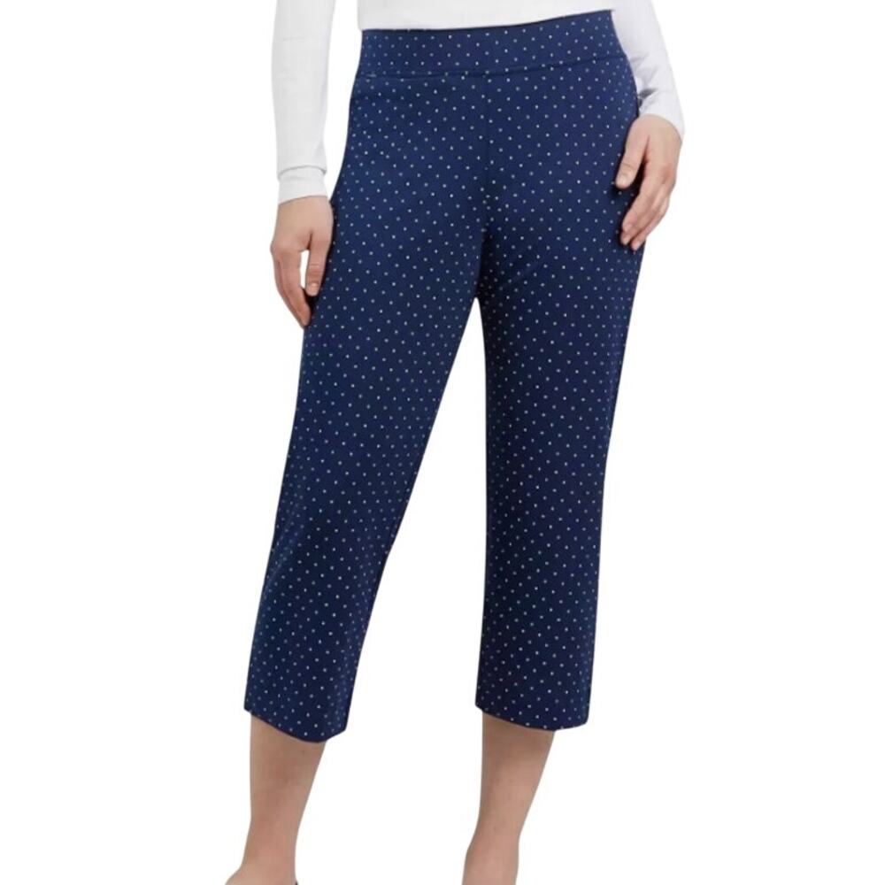 Lands End Womens Blue and White Polka Dots Shore Stretch Knit Capri Small
